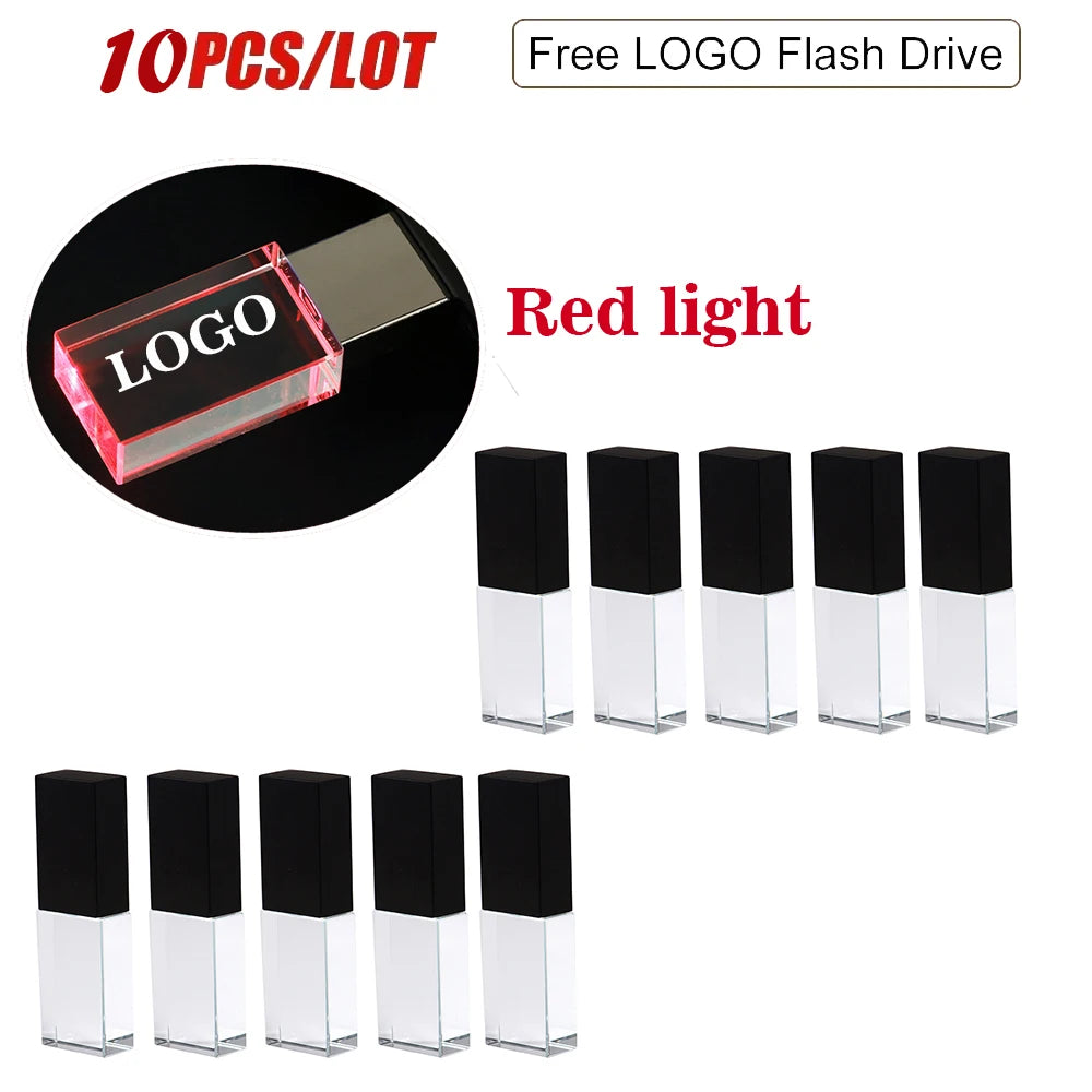 10-Pack Crystal USB Flash Drive 128GB | LED, Free Logo Engraving USB Flash Drive PRIMED
