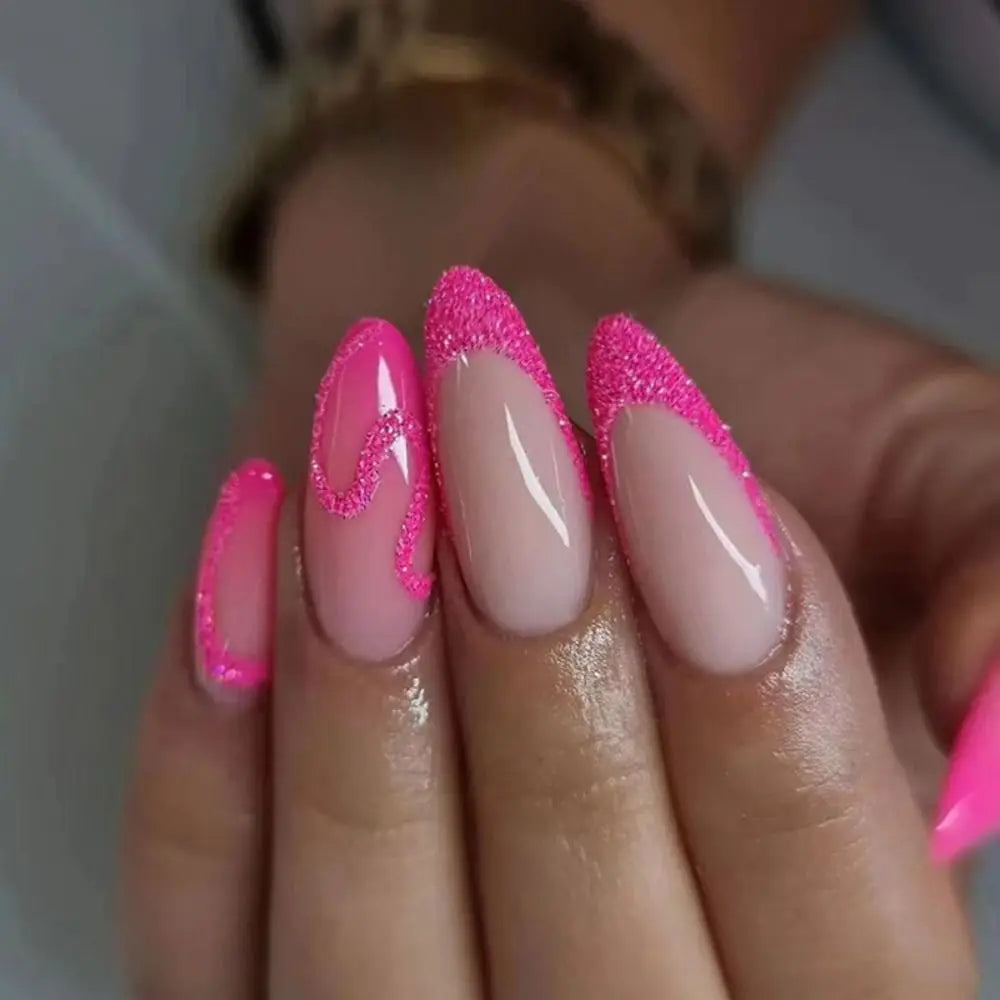 Long Almond Press On Nails Floral Glitter French 24pcs Set