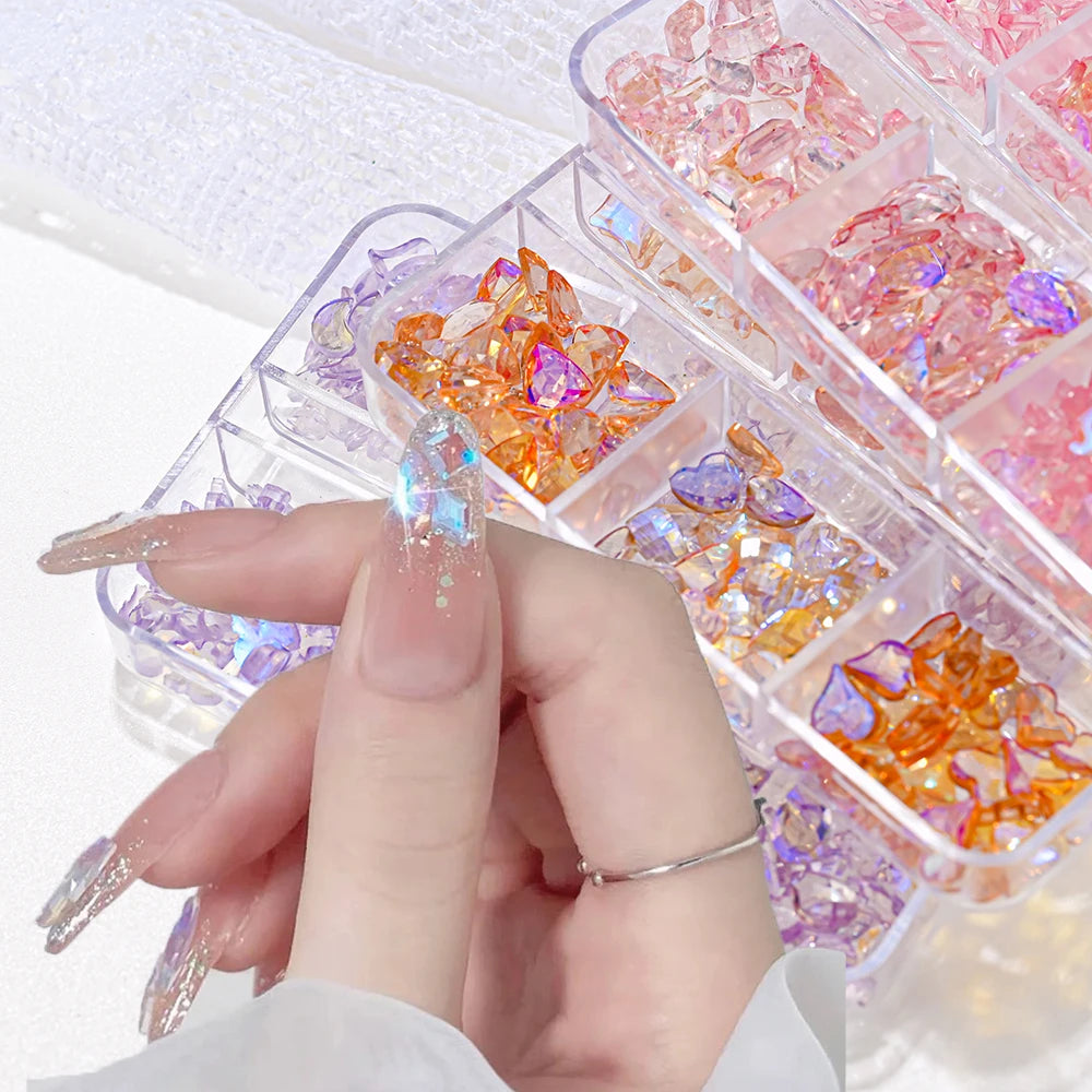 600Pcs Aurora Pink Nail Rhinestones – Heart Star Crystal Mix