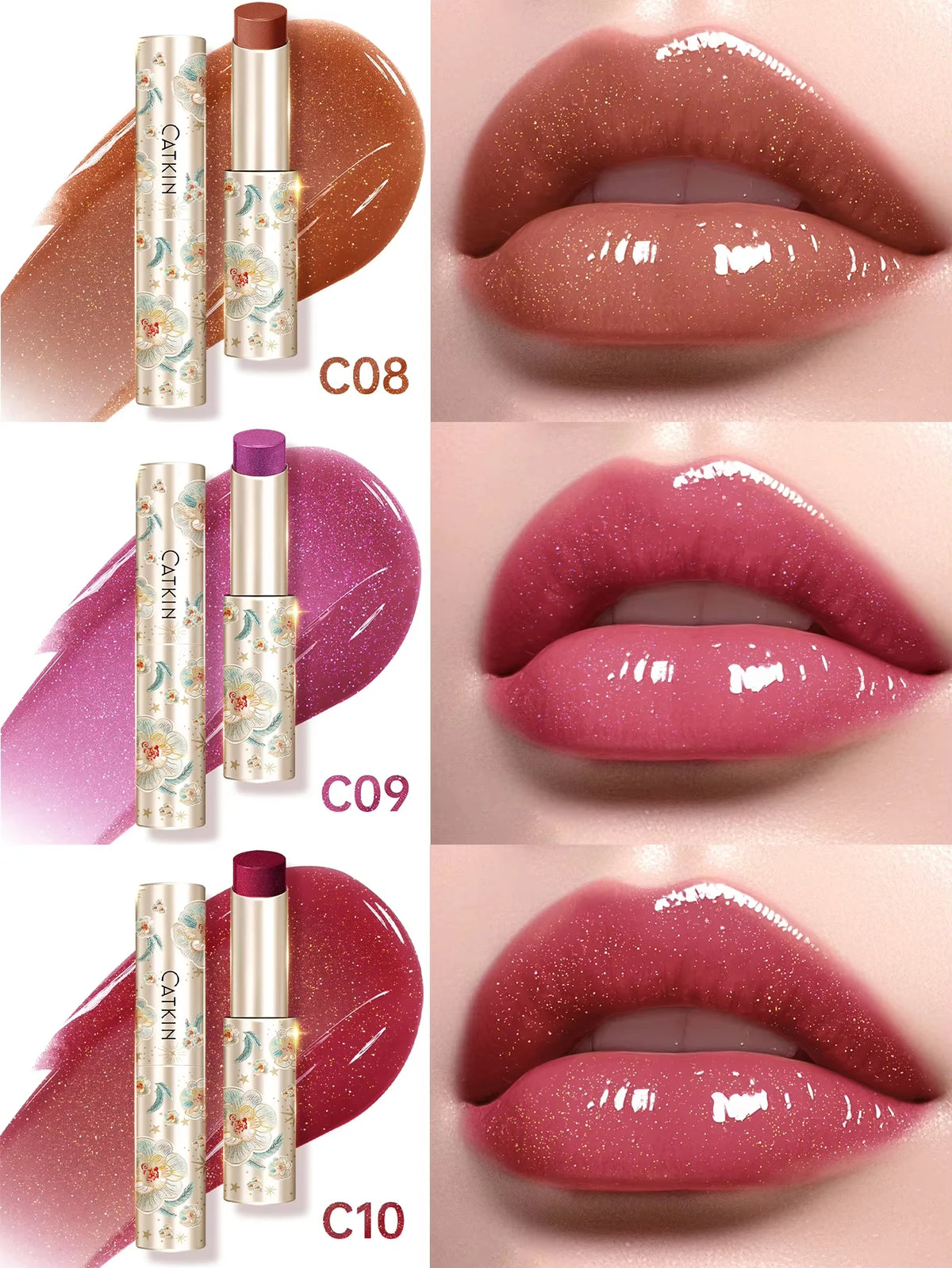 CATKIN 3PCS Glossy Lip Balm Set | Mirror Shine 12H Hydration Lip Balm Set PRIMED C08 C09 C10