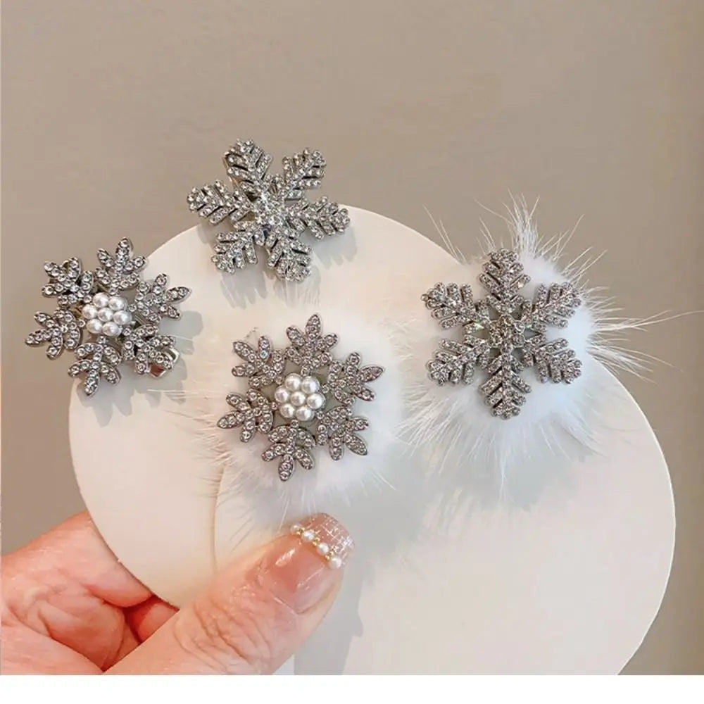 Rhinestone Snowflake Hair Clips with Pearl Bow – Set of 2