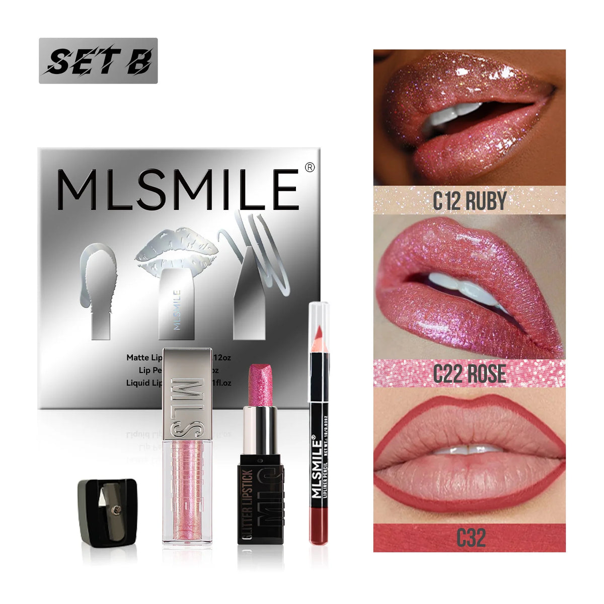 MLSMILE Diamond Lip Gloss, Matte Liner & Lipstick Kit