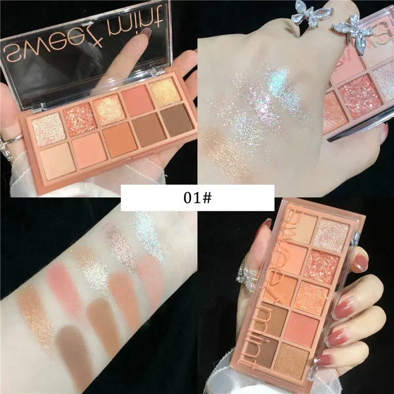 10-Color Glitter Shimmer Eyeshadow Palette – Waterproof & Nude