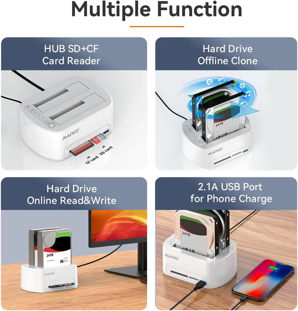 MAIWO Dual Bay HDD Dock USB 3.0, Offline Clone & Card Reader HDD Docking Station PRIMED