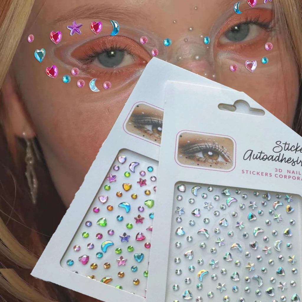 Iridescent Star Moon Face Gem Stickers – Rhinestone 2 Sheets Body Art Stickers PRIMED