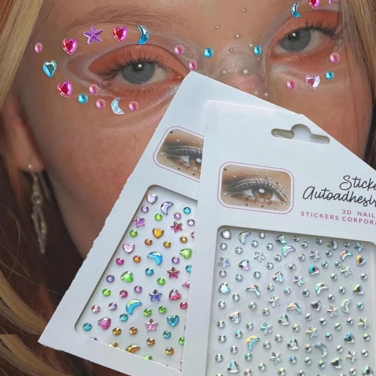 Iridescent Star Moon Face Gem Stickers – Rhinestone 2 Sheets Body Art Stickers PRIMED