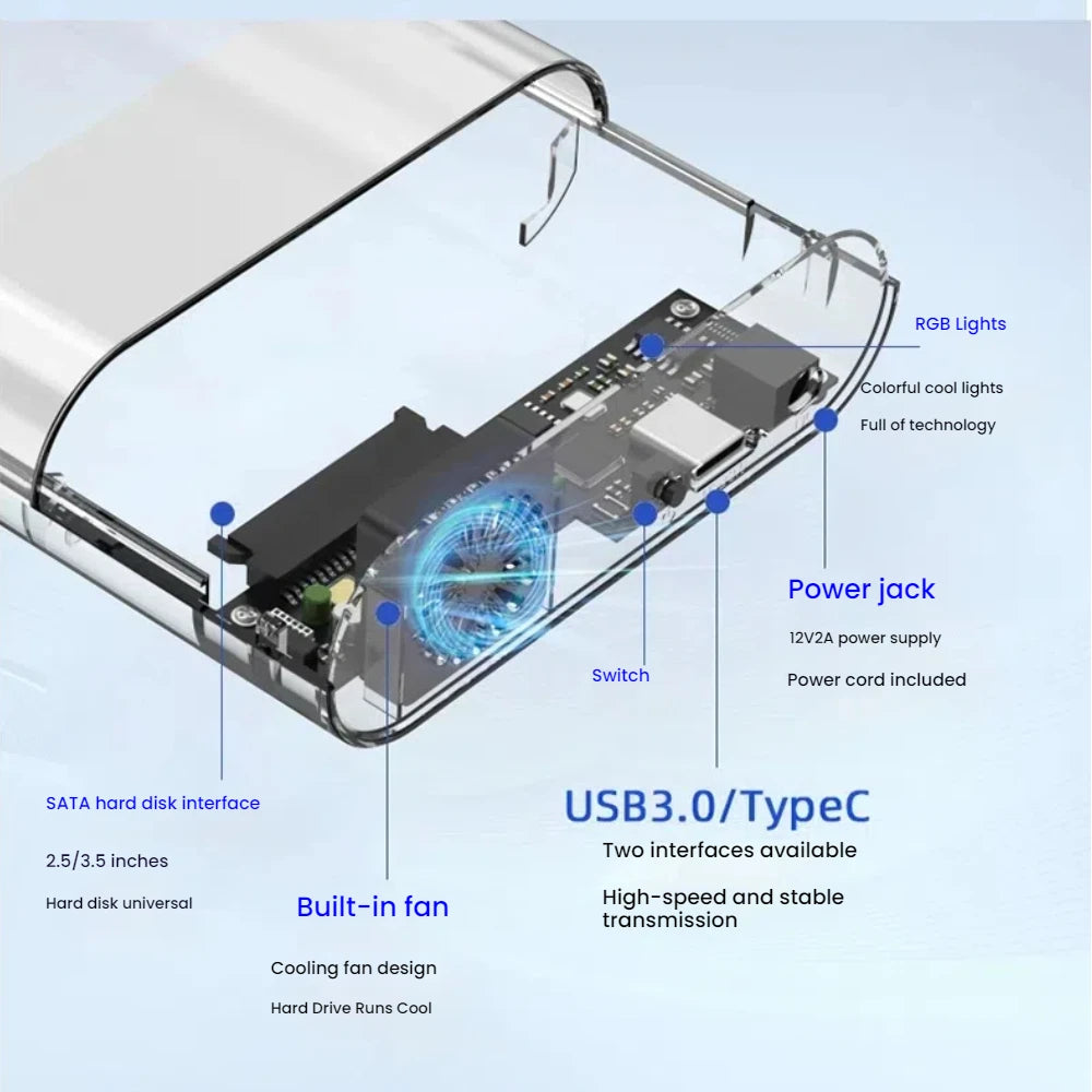 TISHRIC RGB Transparent HDD Enclosure 3.5" 2.5" USB-C + Fan HDD Enclosure PRIMED