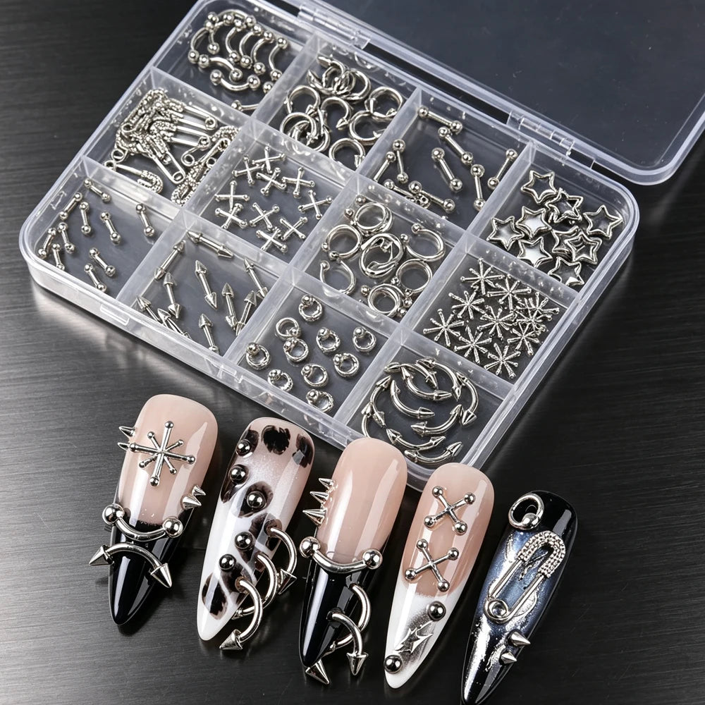 12-Grid Punk Metal Rivet Nail Charms – 3D Stars & Rings Set Nail Art Charms PRIMED