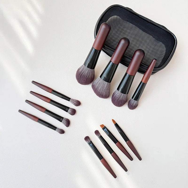 12-Piece Travel Makeup Brush Set with Bag – Wood Handle