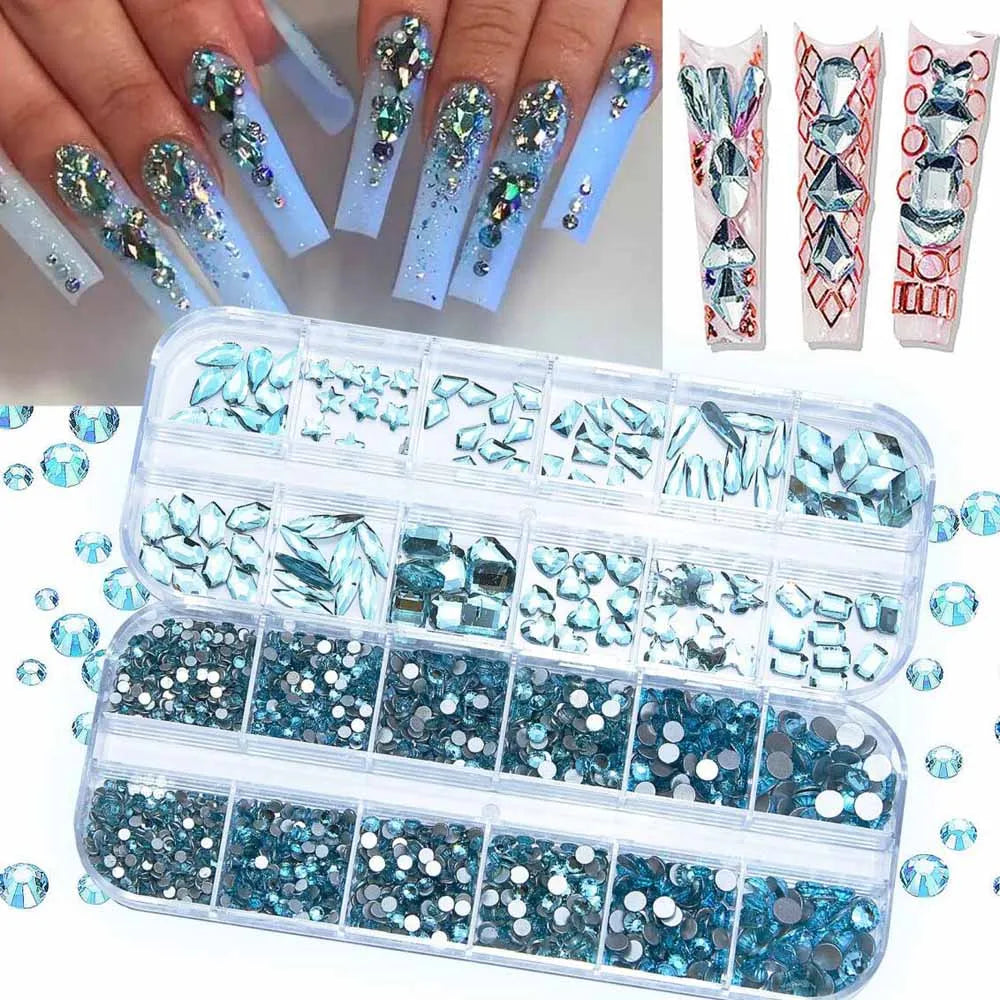 3D Retro Green Nail Rhinestones – 12-Grid Mixed Shapes Set Nail Art Rhinestones PRIMED 03