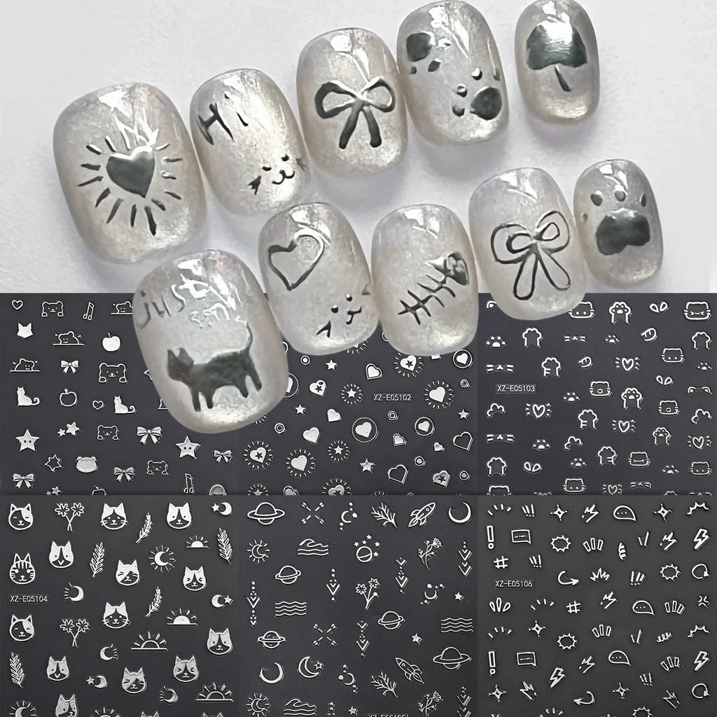 6-Piece Silvery Foil Nail Art Stickers – Cats Bears Hearts Nail Art Stickers PRIMED