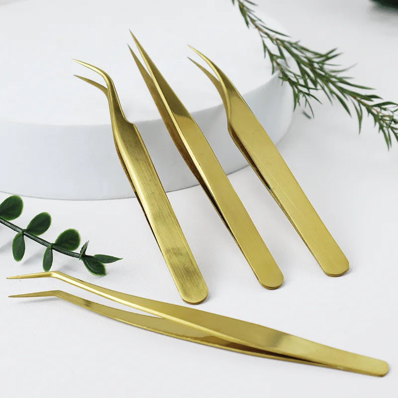 Ouriner Golden Eyelash Tweezers Set – Stainless Steel Lash Tool Eyelash Tweezers Set PRIMED