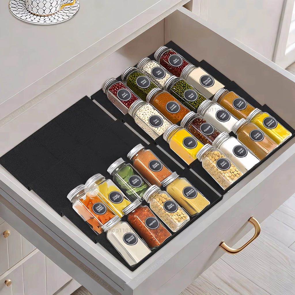 4-Layer Adjustable Spice Drawer Organizer – 16-Jar Rack Set Spice Drawer Organizer PRIMED