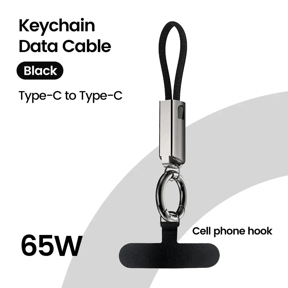 2-in-1 USB-C Keychain Cable 60W Fast Charging – Type C USB-C Keychain Cable PRIMED Black Hook C-C
