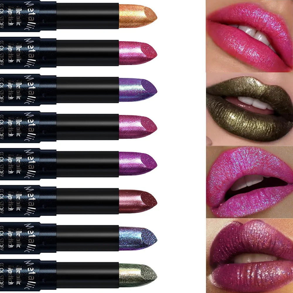 15-Color Metallic Glitter Lipstick – Pearlescent Shimmer Set