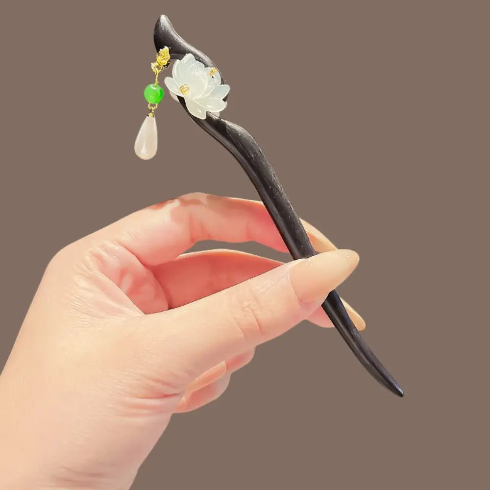 Retro Chinese Wood Hair Stick – Floral Lotus Updo Hairpin