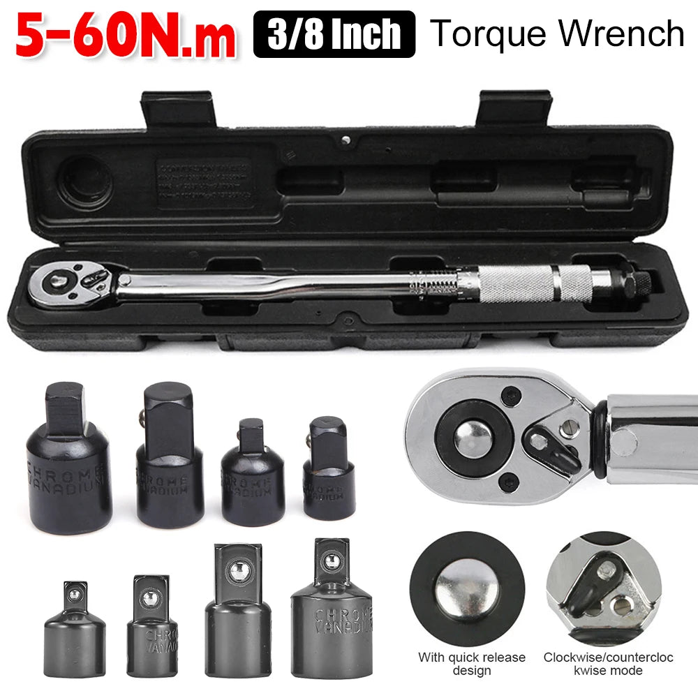 5-60 N.m Adjustable Torque Wrench 3/8" Drive + Socket Adapter Set Torque Wrench Set PRIMED