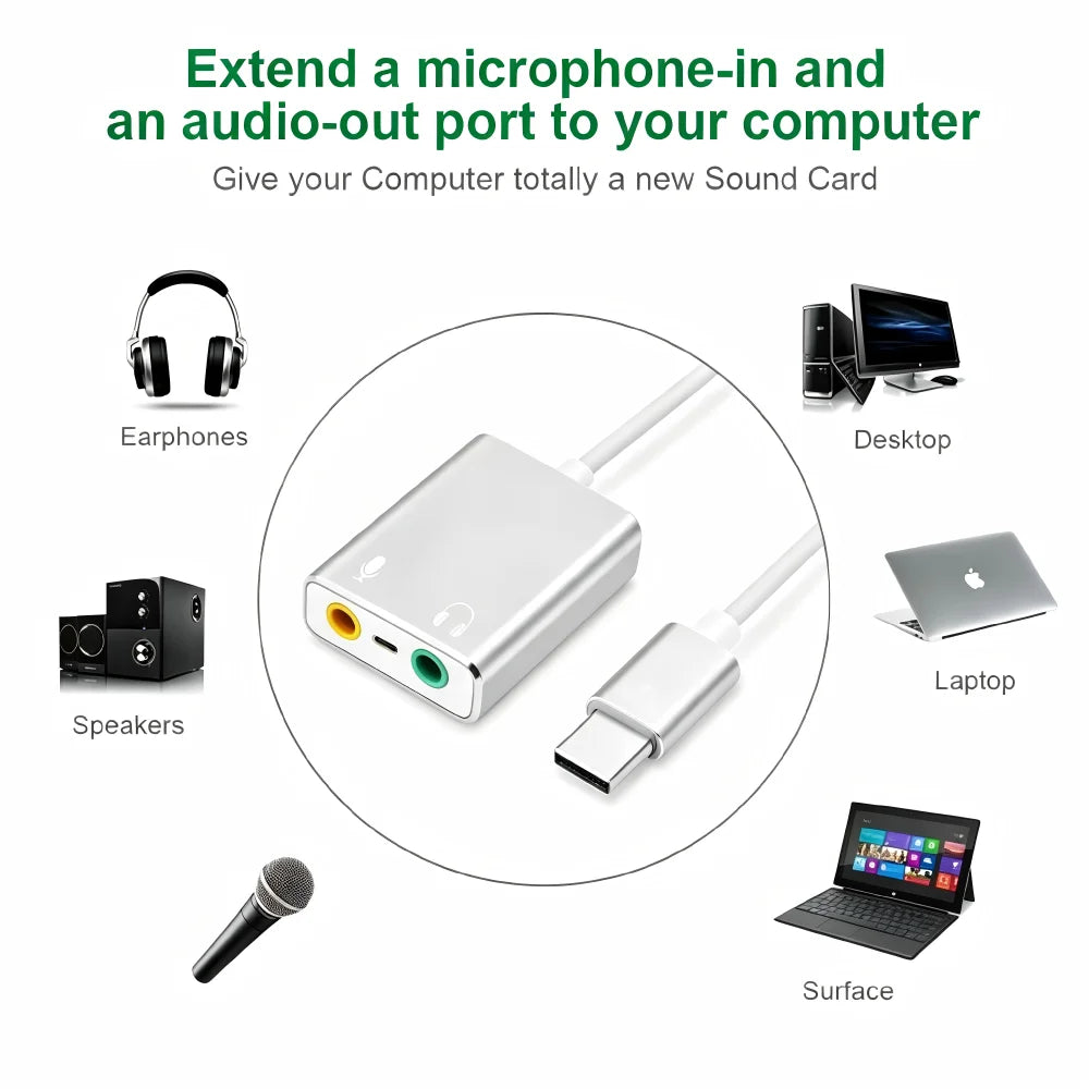 USB-C to 3.5mm External Sound Card Adapter for Laptop & Mac