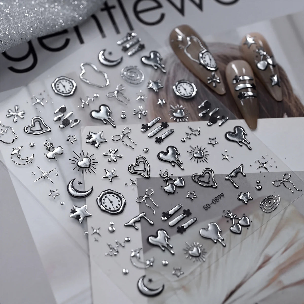 Punk Gothic 3D Nail Art Stickers – Silvery Embossed Decals