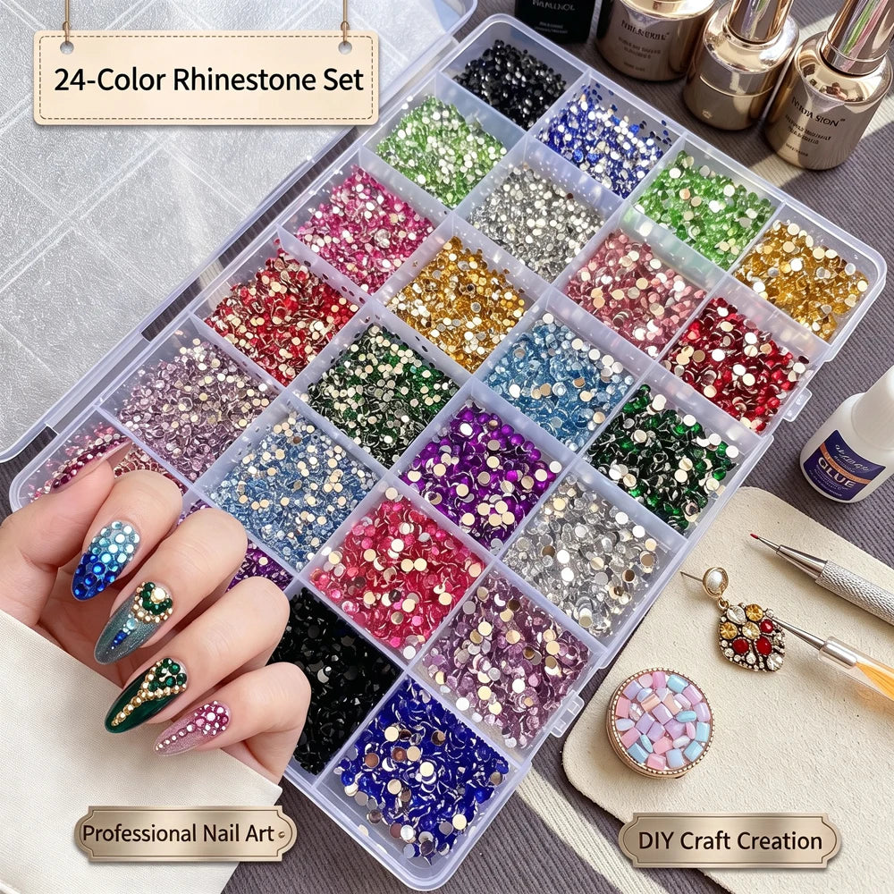 9000Pcs Mixed Nail Rhinestones – 24 Grid Flat Back Gems Set