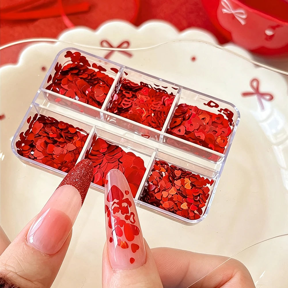Red Heart Nail Sequins 6-Grid Box – Glitter Flakes Nail Art