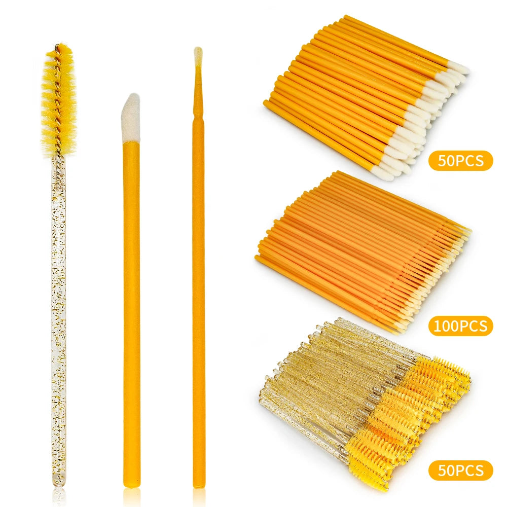 200Pcs Eyelash Extension Microbrush & Lip Brush Kit | Bulk Set Makeup Brush Kit PRIMED yellow