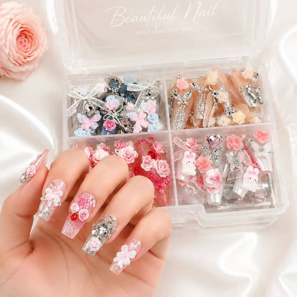 96Pcs Press-On Nails | Coffin 3D Floral Bunny Bow Crystal Decor
