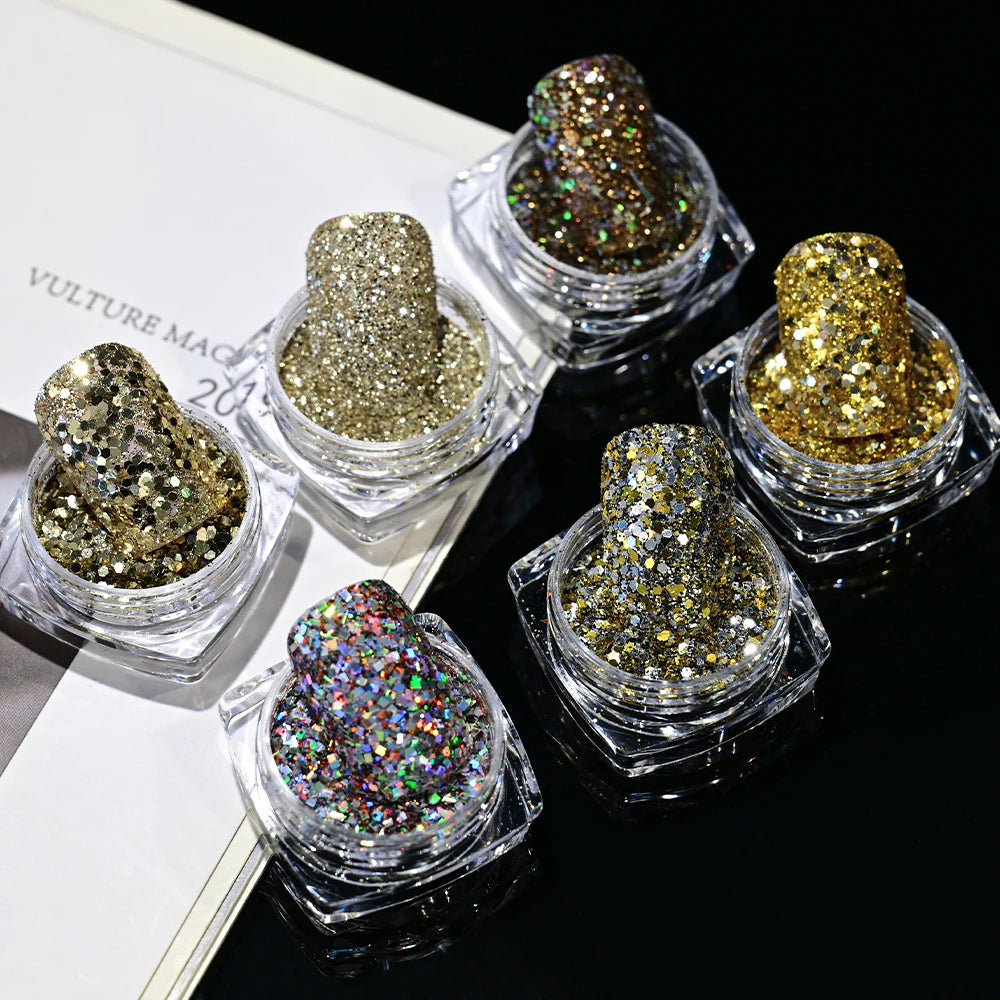 Holographic Nail Glitter Powder Set – 6 Jars Silver & Gold