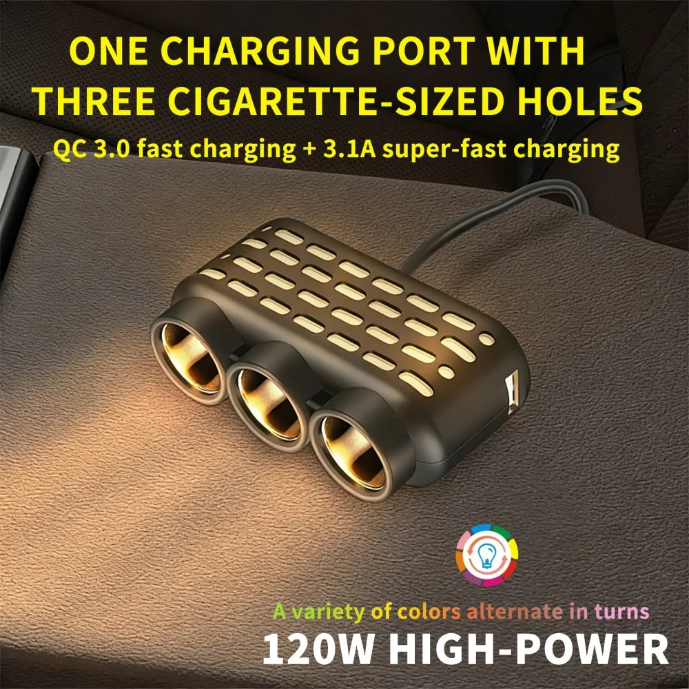 120W 3-in-1 USB-C Car Cigarette Lighter Splitter | Fast Charge Car Charger Adapter PRIMED