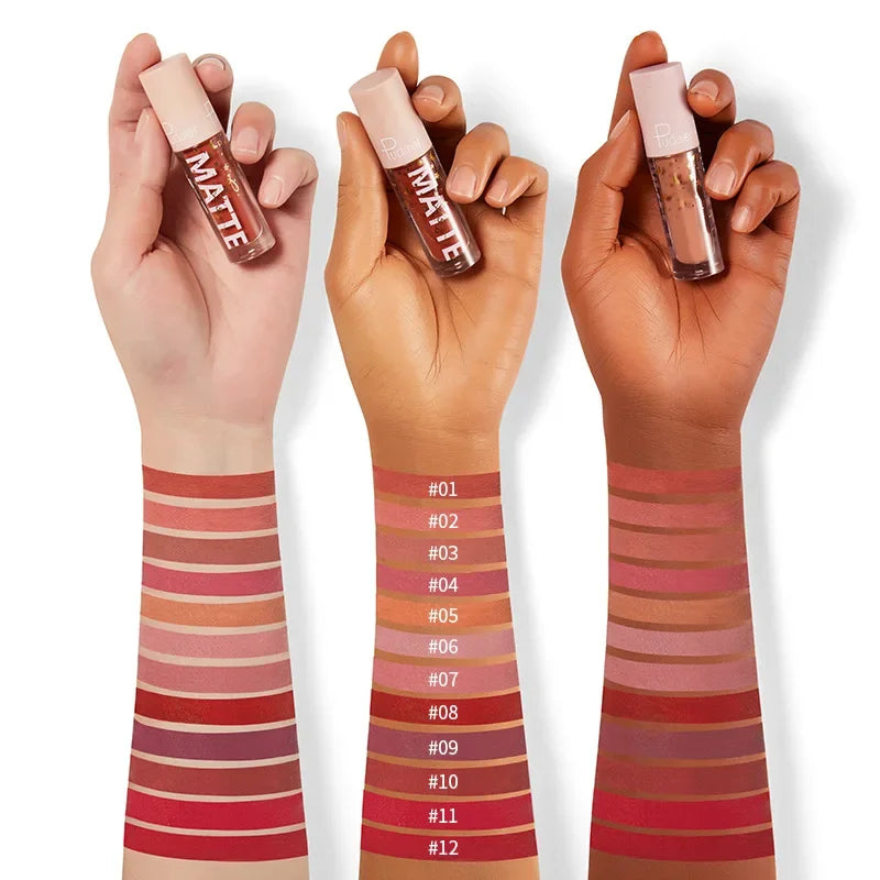 Pudaier 12-Color Matte Liquid Lipstick Set – Nude & Red