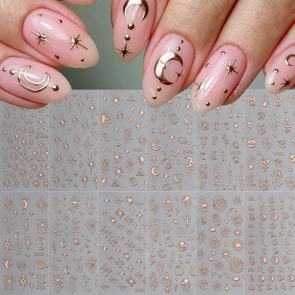 Rose Gold 3D Nail Stickers – Sun Moon Star Bohemian Art