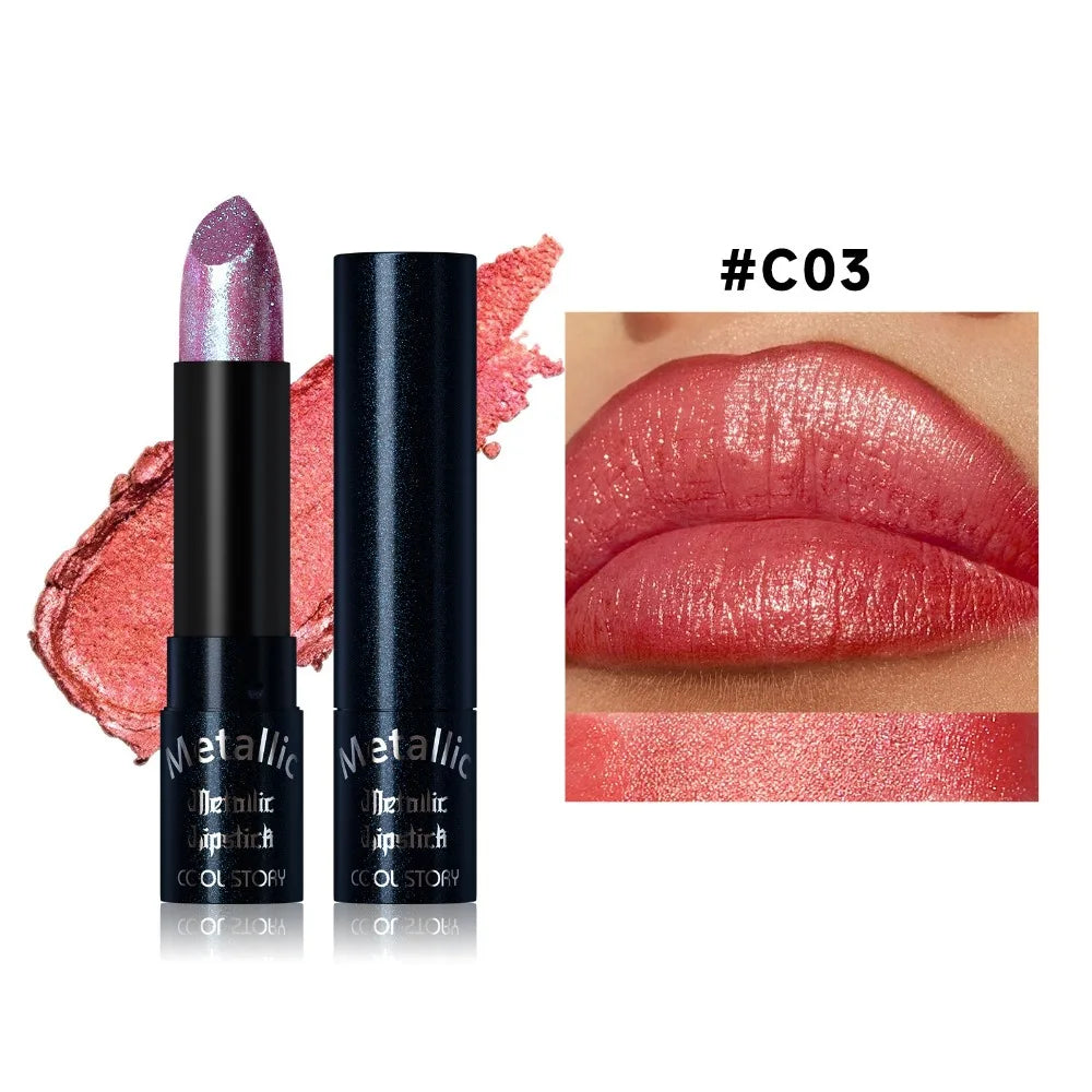 15-Color Metallic Glitter Lipstick – Pearlescent Shimmer Set