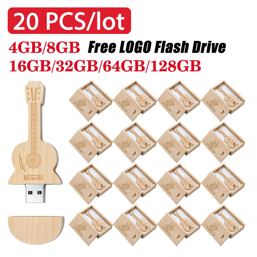 Wooden Guitar USB Flash Drive 20-Pack | Custom Logo 4–64GB Custom USB Flash Drive PRIMED