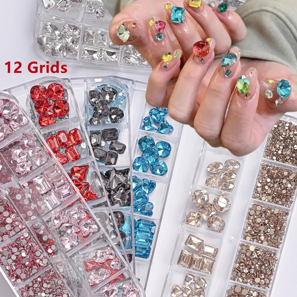 12-Grid Mixed Rhinestone Nail Charms – Crystal Glitter Gems Nail Art Gems PRIMED