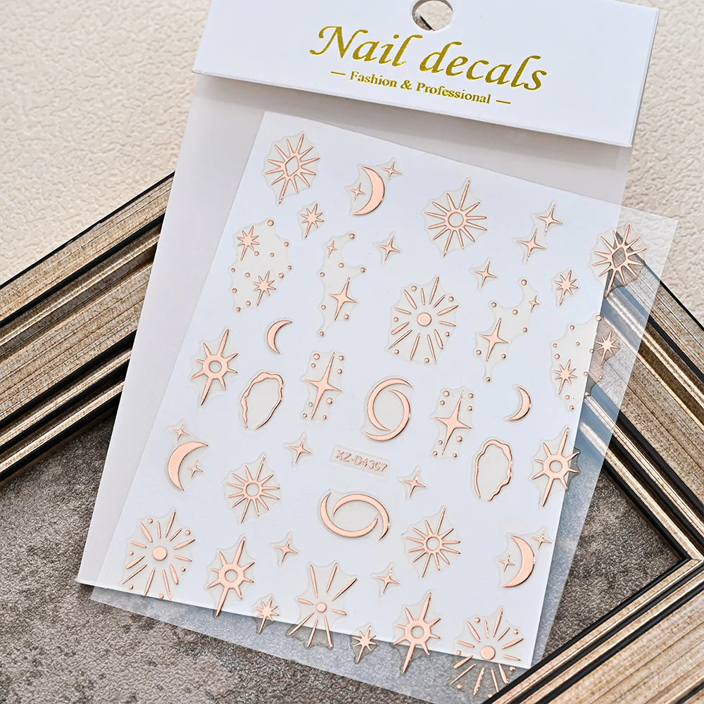 Rose Gold 3D Nail Stickers – Sun Moon Star Bohemian Art