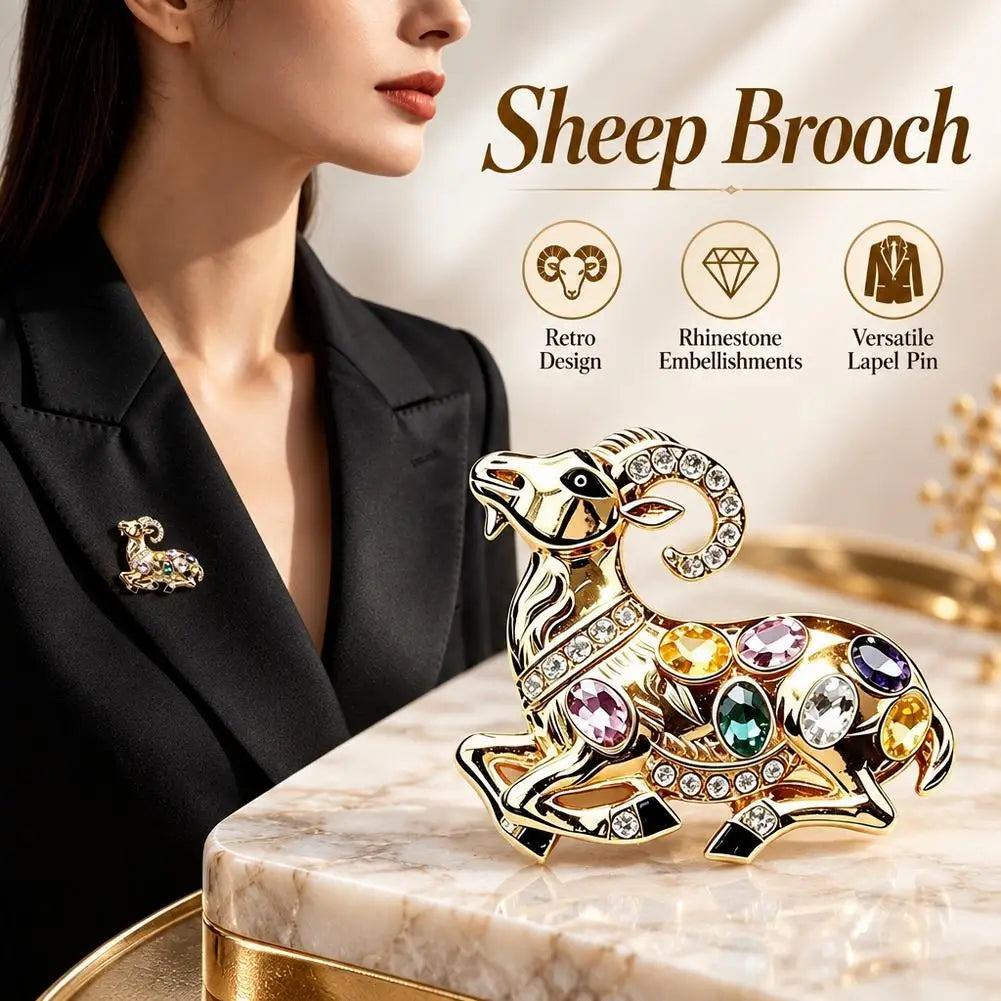 Vintage Sheep Brooch Multicolor Rhinestone Gold-Tone Lapel Pin