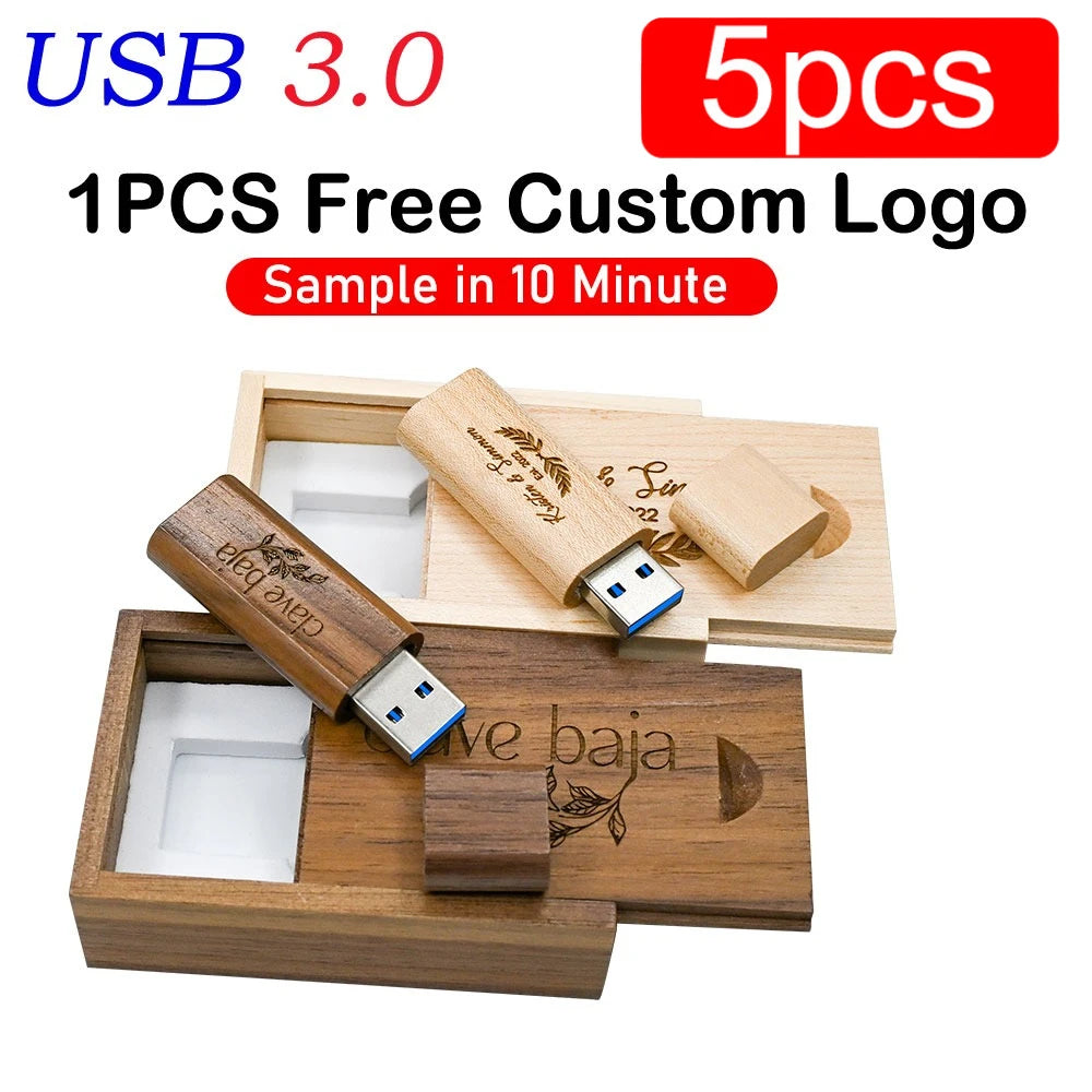 5-Pack Wooden USB 3.0 Flash Drives | Custom Logo 128GB Gift USB Flash Drive Set PRIMED