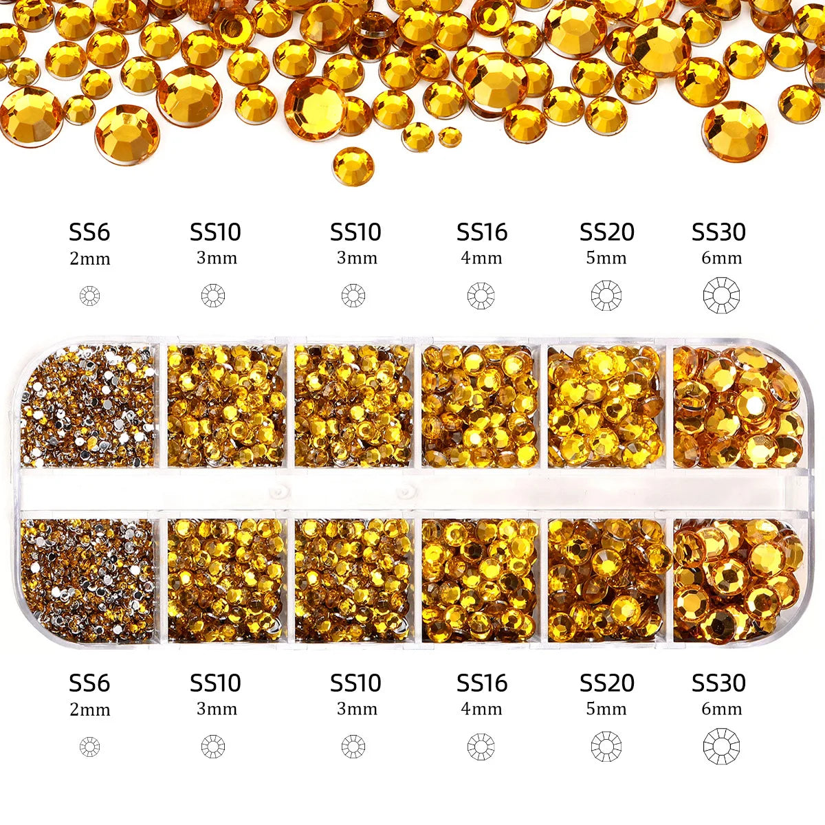 Mixed Size Flatback Glass Rhinestones 12-Grid Box SS6–SS30