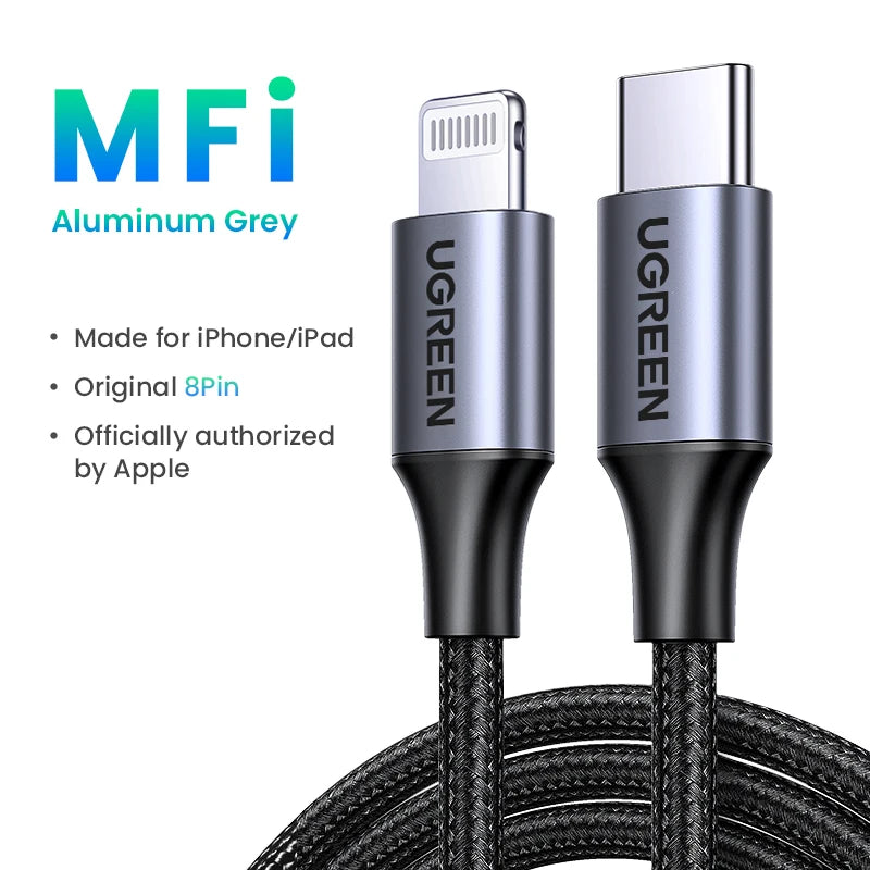 UGREEN MFi 20W USB-C to Lightning Fast Charging Cable USB-C Lightning Cable PRIMED Aluminum Grey 2m Israel