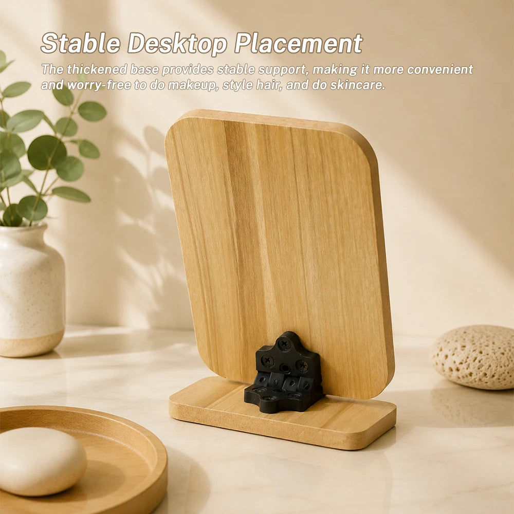 Wooden Vanity Makeup Mirror HD 360° Rotating Folding Desktop