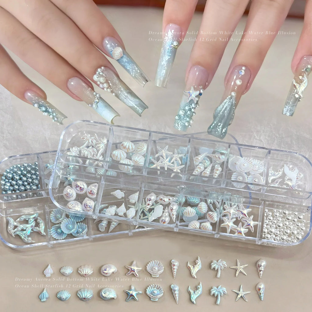 12-Grid Ocean Nail Charms Set – Starfish, Shell & Pearl Art Nail Art Charms PRIMED