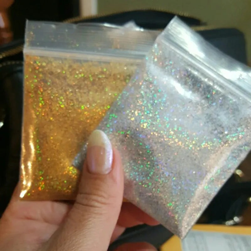 Holographic Nail Glitter Powder 10g – Silver & Gold Laser