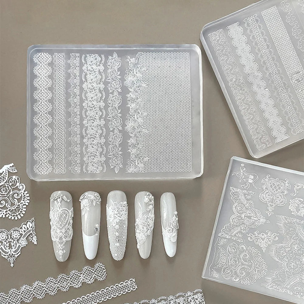 Lace Nail Silicone Mold – Rose, Plaid & Snowflake Embossing Nail Art Mold PRIMED