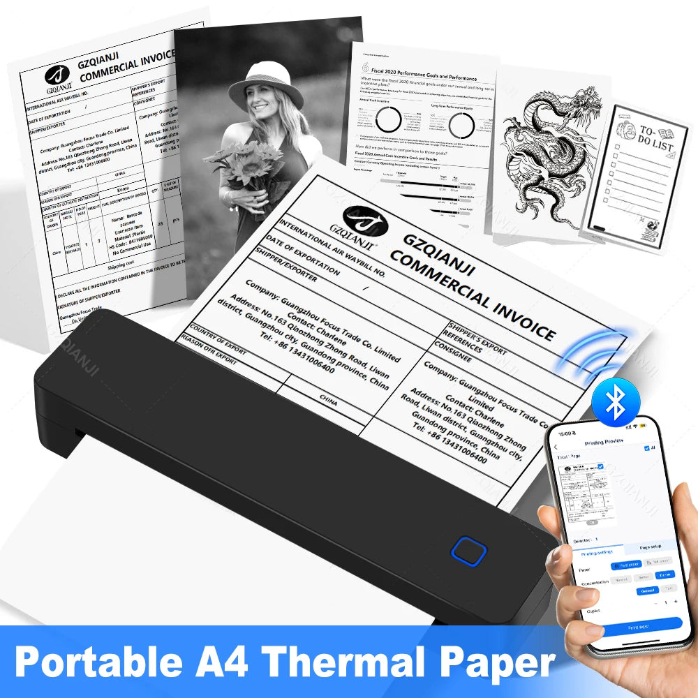 GZQIANJI A4 Bluetooth Thermal Printer – Portable Inkless Thermal Printer PRIMED