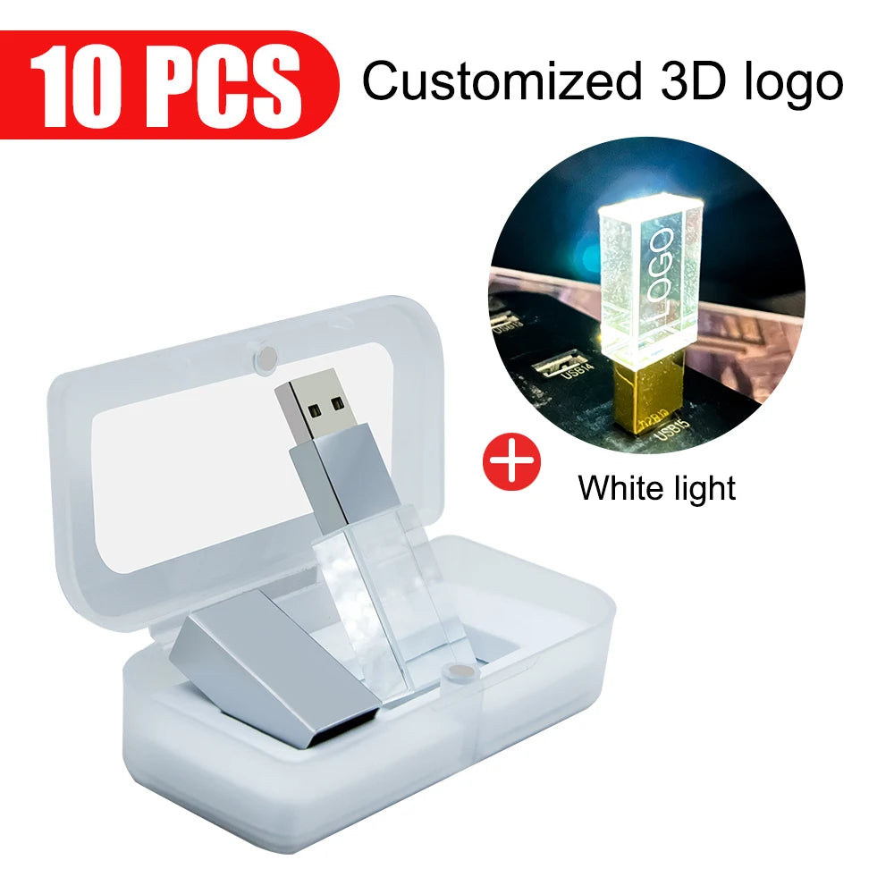 10-Pack 128GB Crystal LED USB Flash Drives | Free Custom Logo USB Flash Drive PRIMED 4GB Silver-White-box