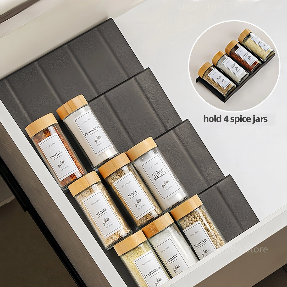 4-Layer Adjustable Spice Drawer Organizer – 16-Jar Rack Set Spice Drawer Organizer PRIMED