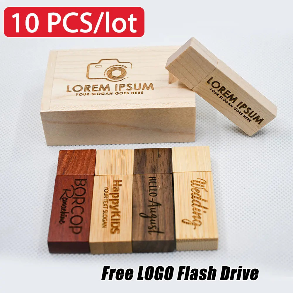 10-Pack Wooden Bamboo USB Flash Drives | Custom Logo & Gift Box USB Flash Drive PRIMED