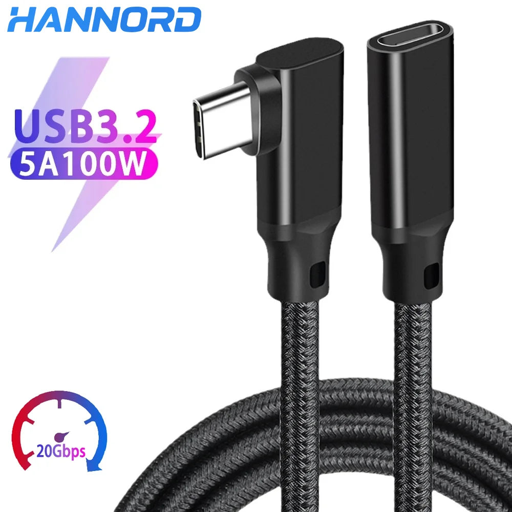 Hannord USB-C 90° Elbow Cable 100W 20Gbps VR Link Extension USB-C Extension Cable PRIMED Black Braided 5m