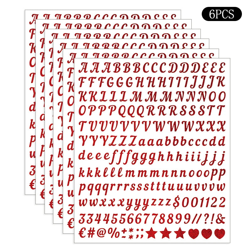 1080 PCS Glitter Vinyl Letter Stickers – 6 Sheets A–Z Alphabet
