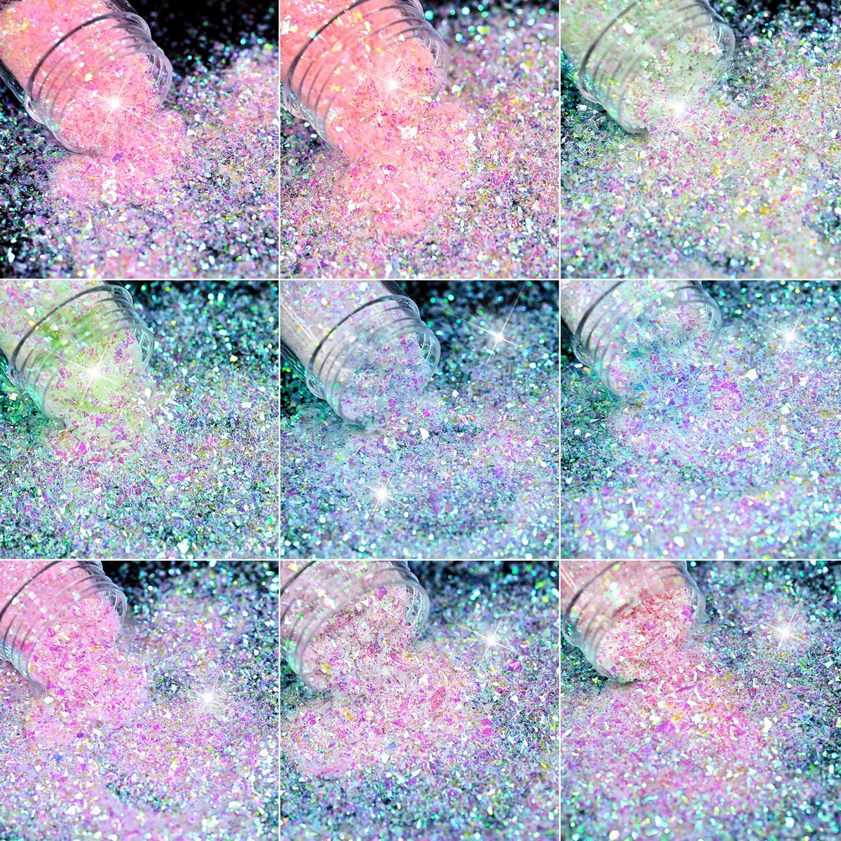9-Bottle Iridescent Nail Glitter Sequins Set | Mirror Flash Flakes Nail Glitter Set PRIMED